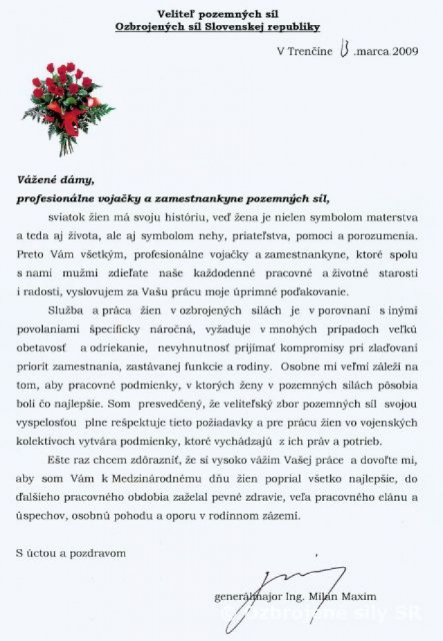 List veliteľa pozemných síl k MDŽ